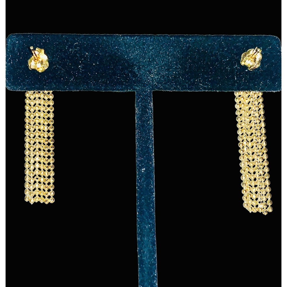 14K Yellow Gold Long Tassel Drop Stud Dangle Earrings - Picture 2 of 6